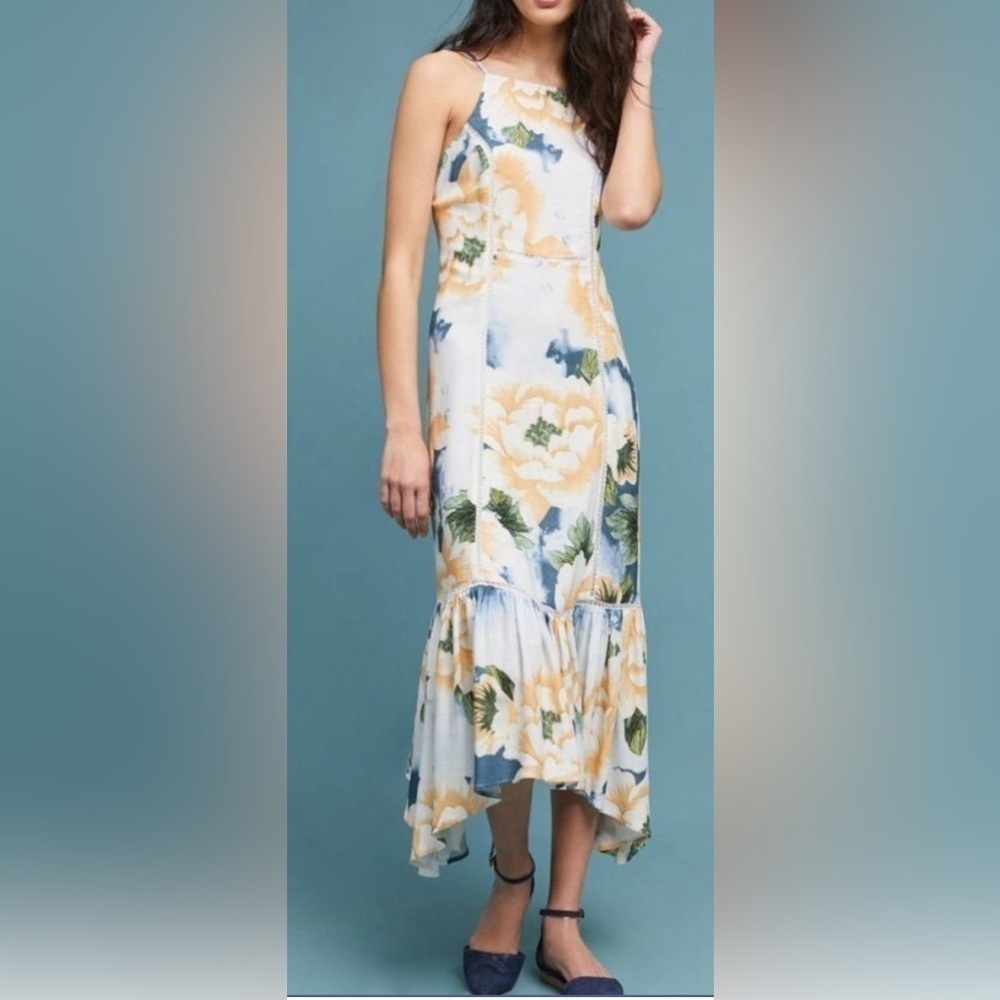 EUC FARM RIO Petite Small Greenfield Sleeveless Floral Midi Dress Yellow Blue
